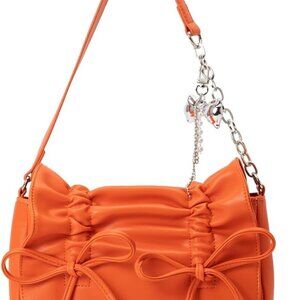 Women's Small Synthetic Leather Handbag with Bow Pleats Chain Strap